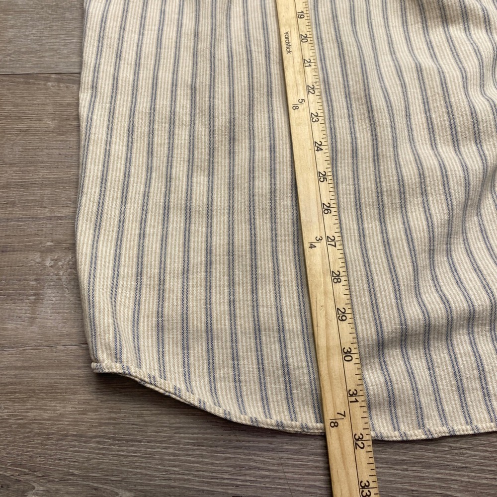 Britches Shirt Men L Beige Blue Striped Cotton Linen Band Collar USA Grandfather - Picture 8 of 8